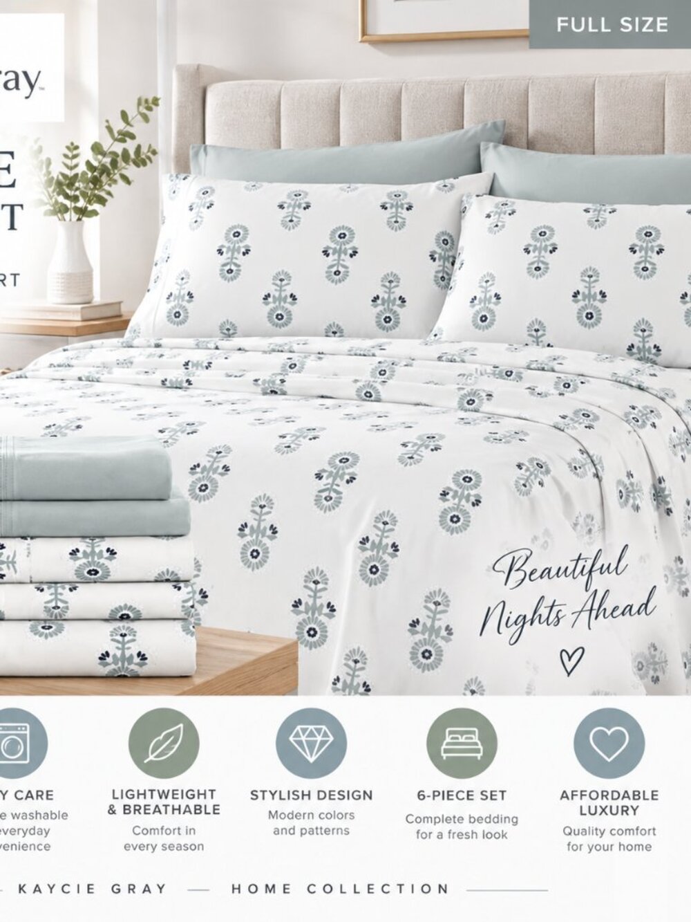 Kaycie Gray Boho Floral Easy Care 6-Pc. Sheet Set, Full Bedding